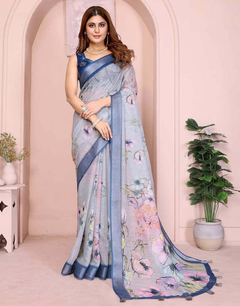 Light grey printed art silk designer pallu saree