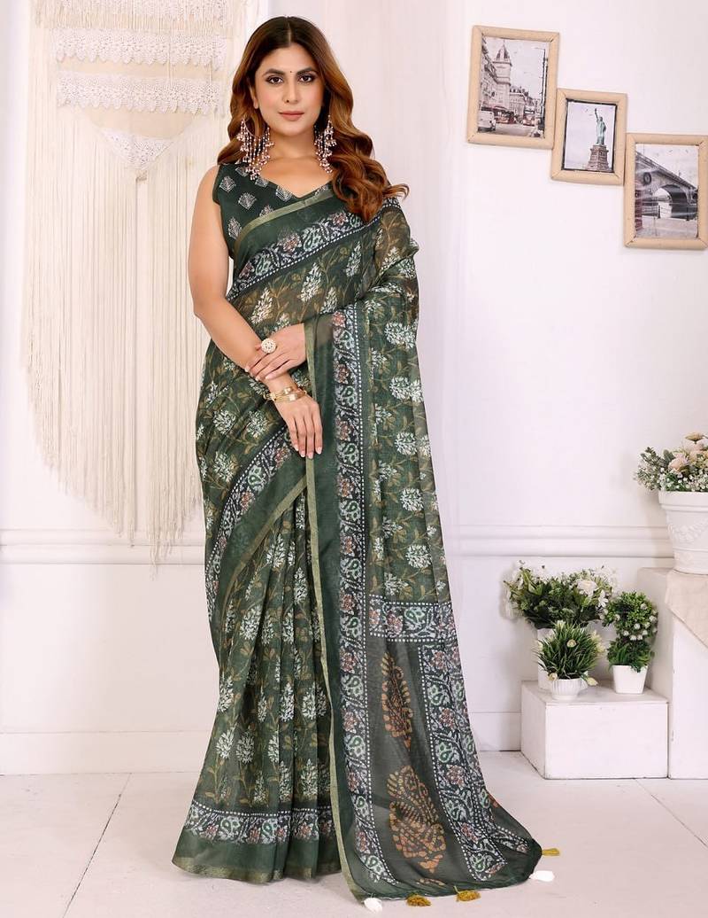 Green printed art silk designer pallu saree