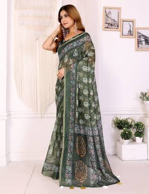 Green printed art silk designer pallu saree 2
