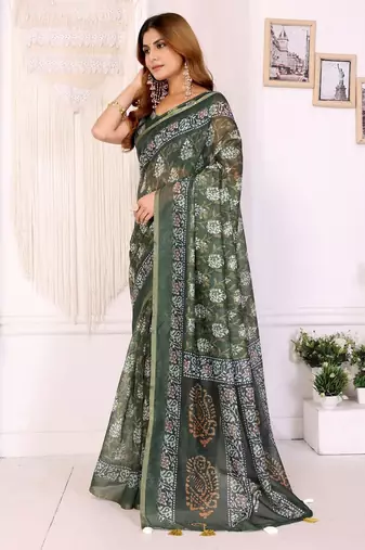 Green printed art silk designer pallu saree