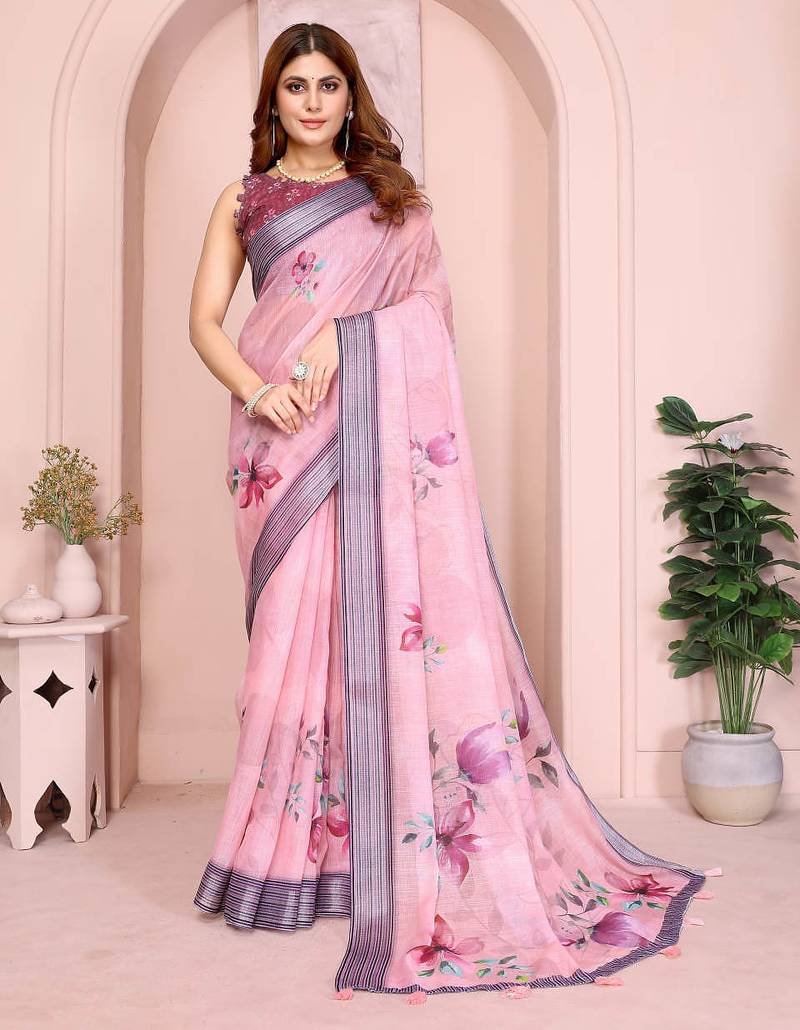 Baby pink printed art silk designer pallu saree