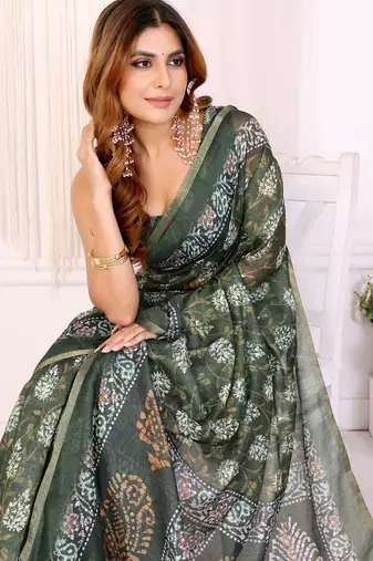 Green printed art silk designer pallu saree