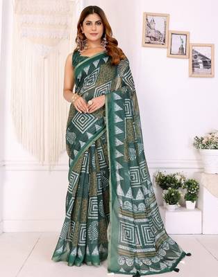 Green printed art silk designer pallu saree 1