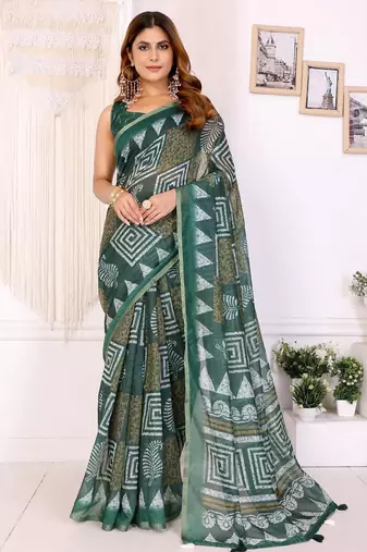 Green printed art silk designer pallu saree