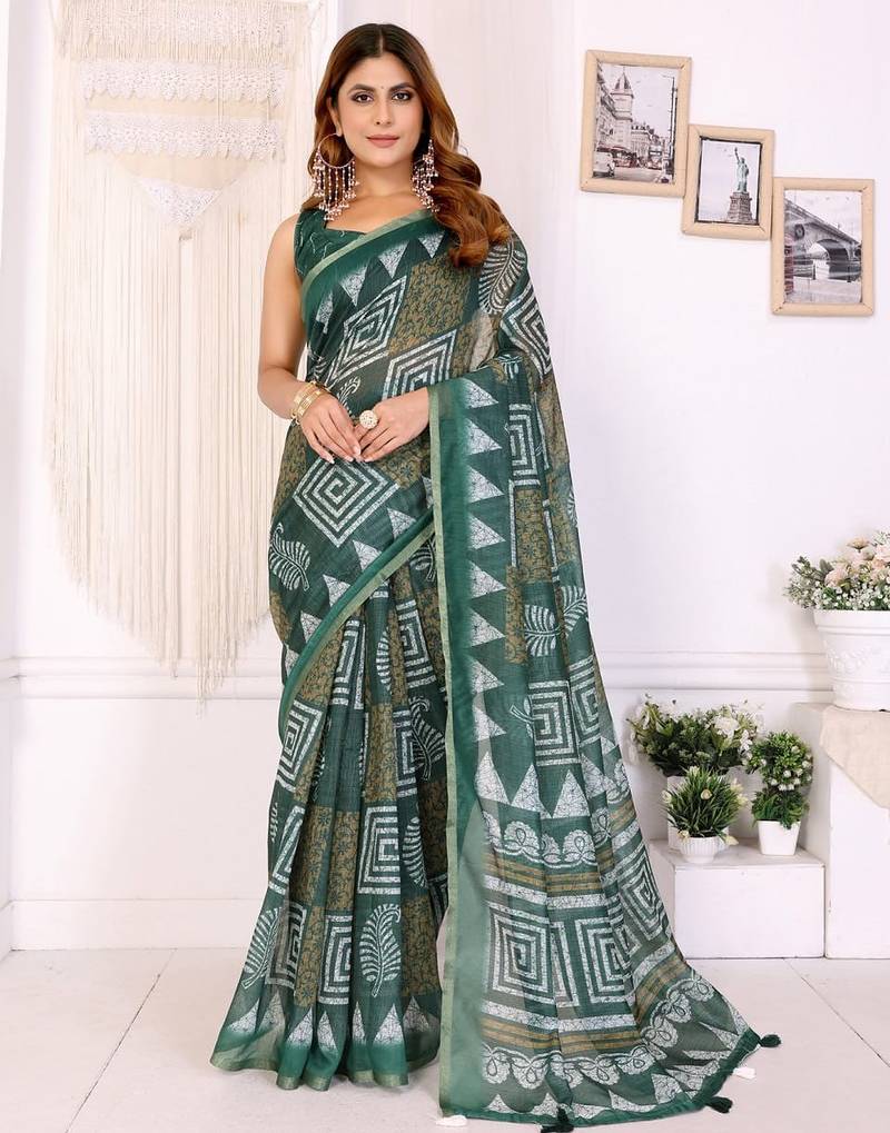 Green printed art silk designer pallu saree