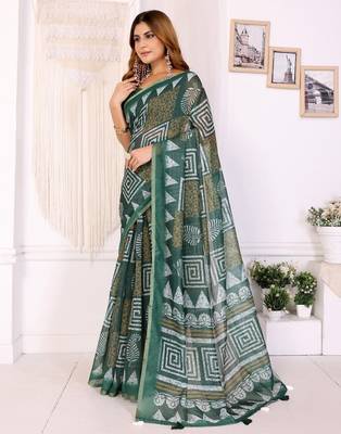 Green printed art silk designer pallu saree 2