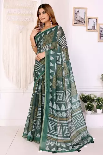 Green printed art silk designer pallu saree