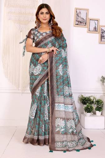 Brown printed art silk designer pallu saree