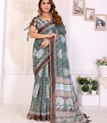 Brown printed art silk designer pallu saree