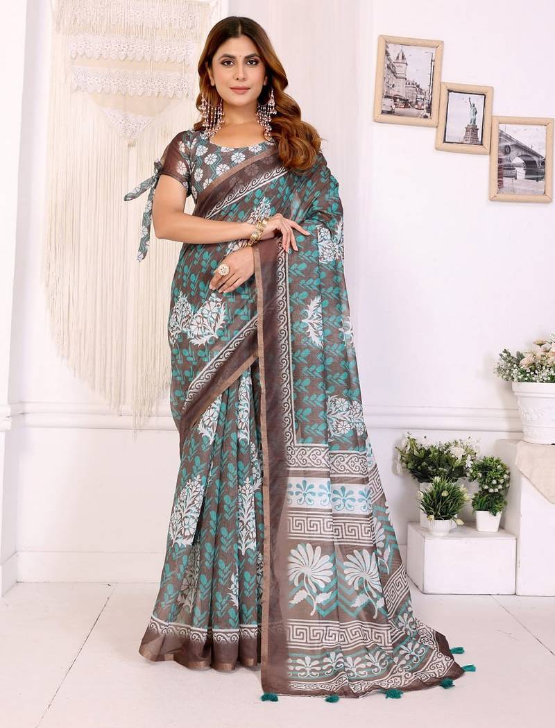Brown printed art silk designer pallu saree