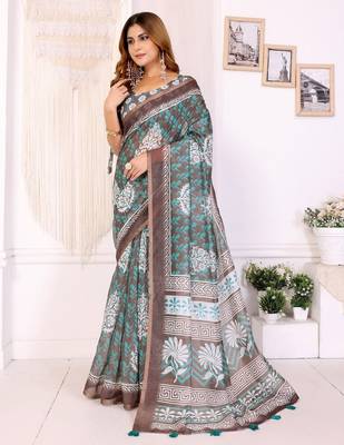 Brown printed art silk designer pallu saree 2