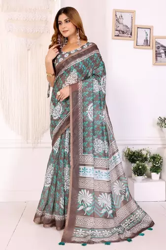 Brown printed art silk designer pallu saree