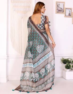 Brown printed art silk designer pallu saree 3