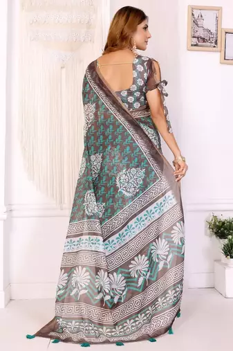 Brown printed art silk designer pallu saree