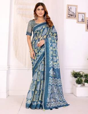 Teal printed art silk designer pallu saree 1