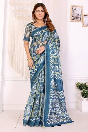 Teal printed art silk designer pallu saree