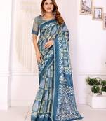 Teal printed art silk designer pallu saree