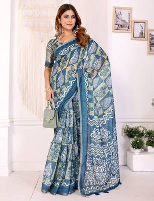 Teal printed art silk designer pallu saree 2