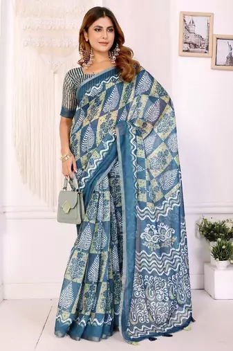 Teal printed art silk designer pallu saree