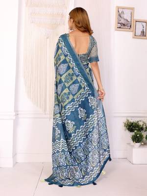Teal printed art silk designer pallu saree 3