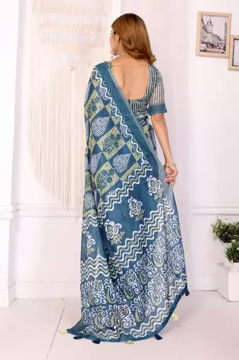 Teal printed art silk designer pallu saree