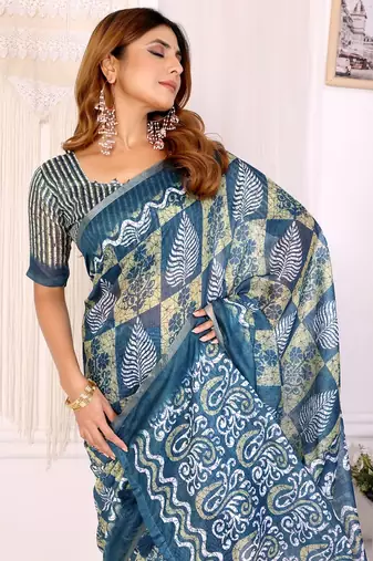 Teal printed art silk designer pallu saree