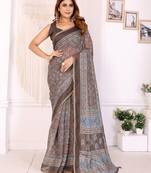 Brown printed art silk designer pallu saree