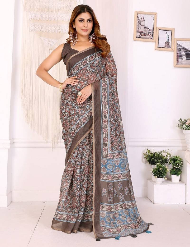 Brown printed art silk designer pallu saree