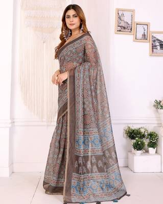 Brown printed art silk designer pallu saree 2