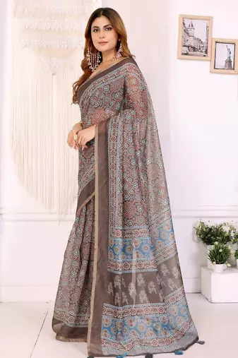 Brown printed art silk designer pallu saree