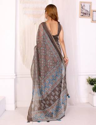 Brown printed art silk designer pallu saree 3