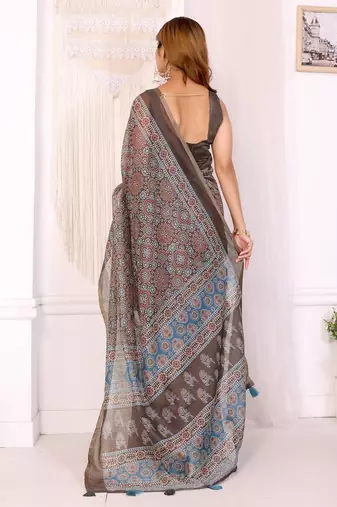 Brown printed art silk designer pallu saree