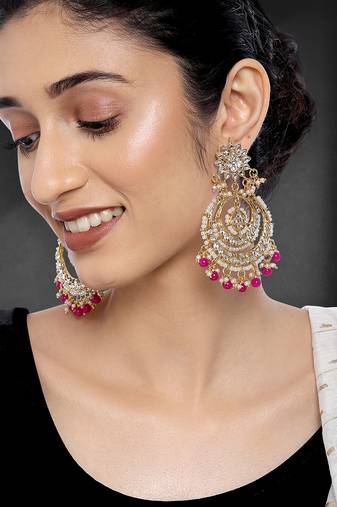 Peora gold plated indian ethnic bridal kundan pearl chandbali earrings fancy fashion traditional jewellery
