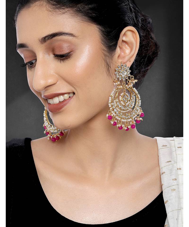 Peora gold plated indian ethnic bridal kundan pearl chandbali earrings fancy fashion traditional jewellery