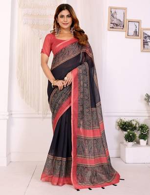 Black printed art silk designer pallu saree 1