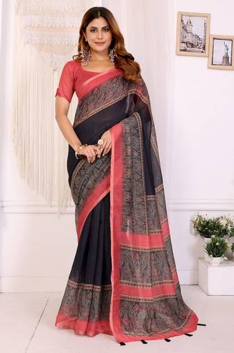 Black printed art silk designer pallu saree
