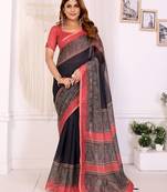 Black printed art silk designer pallu saree