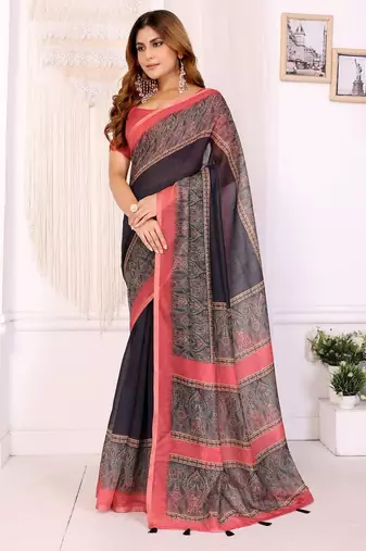 Black printed art silk designer pallu saree