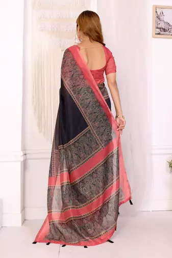 Black printed art silk designer pallu saree