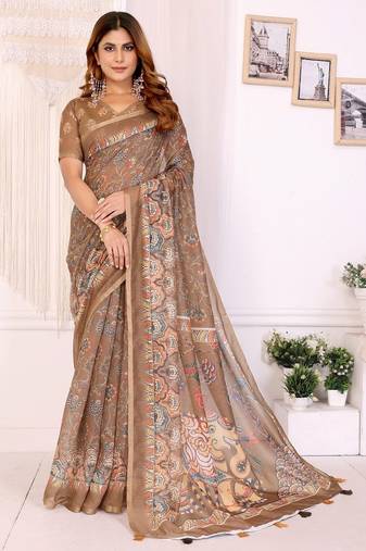Brown printed art silk designer pallu saree