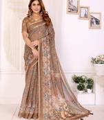 Brown printed art silk designer pallu saree