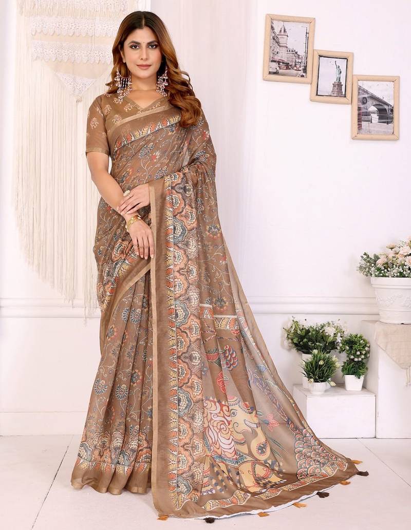 Brown printed art silk designer pallu saree