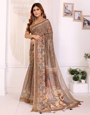 Brown printed art silk designer pallu saree 2