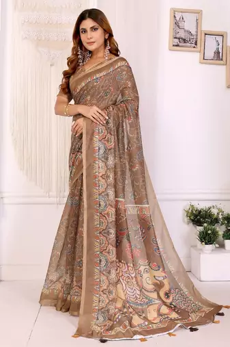 Brown printed art silk designer pallu saree