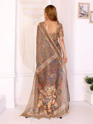 Brown printed art silk designer pallu saree 3