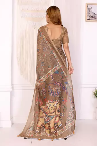 Brown printed art silk designer pallu saree