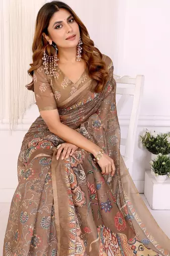 Brown printed art silk designer pallu saree
