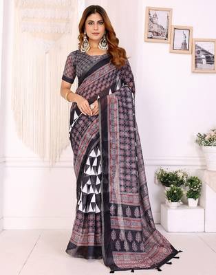 Black printed art silk designer pallu saree 1