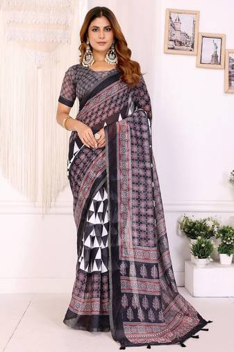 Black printed art silk designer pallu saree