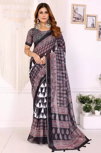 Black printed art silk designer pallu saree